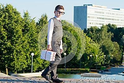 Boy schoolboy walking down the street, with a pile of school books for school Stock Photo