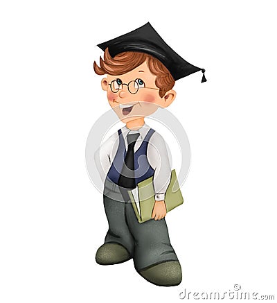 Boy scientist student wearing glasses, holding a book in his hands. Cartoon illustration on a white background. Cartoon Illustration