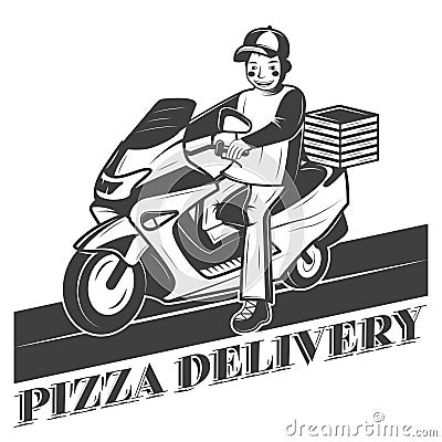 Boy on scooter, pizza delivery vector vintage label, badge, or emblem Vector Illustration