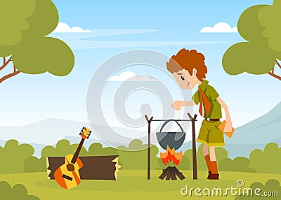 Boy Scout Cartoon Character in Khaki Costume Cooking Soup in Pot at Campsite Vector Illustration Stock Photo