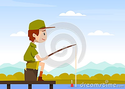 Boy Scout Cartoon Character in Khaki Costume Sitting and Fishing Vector Illustration Vector Illustration