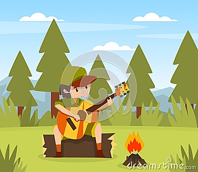 Boy Scout Cartoon Character in Khaki Costume Sitting and Playing Guitar at Campfire Vector Illustration Vector Illustration