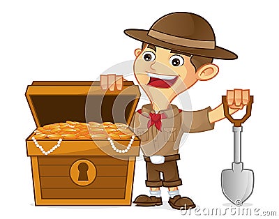 Boy scout cartoon finding treasure Stock Photo