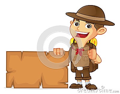 Boy scout cartoon holding blank sign Stock Photo