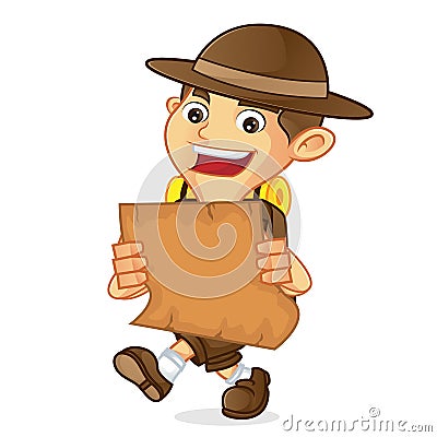 Boy scout cartoon holding a map Stock Photo