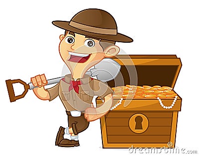 Boy scout cartoon leaning on treasure Stock Photo