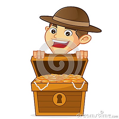 Boy scout cartoon opening treasure Stock Photo