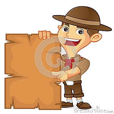 Boy scout cartoon pointing on blank sign Stock Photo
