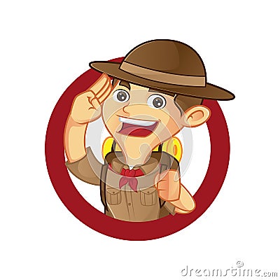 Boy scout cartoon saluting inside circle Stock Photo