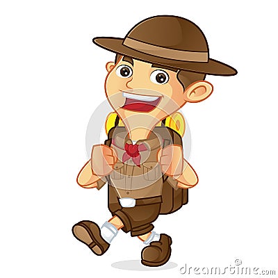 Boy scout cartoon walking and carrying backpack Stock Photo