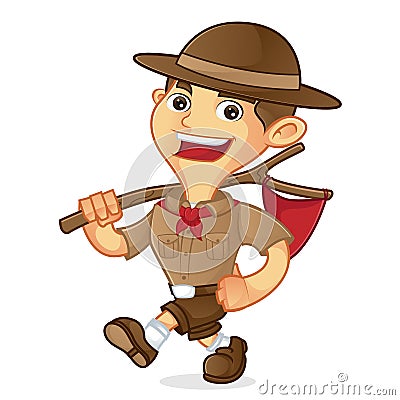 Boy scout cartoon walking and carrying flag Stock Photo