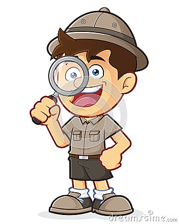 Boy Scout or Explorer Boy with Magnifying Glass Vector Illustration