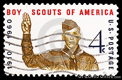 Boy Scout giving scout sign, 50th anniversary of Boy Scouts, serie, circa 1960 Editorial Stock Photo