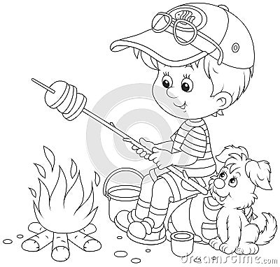 Boy-scout roasting bread on campfire Vector Illustration