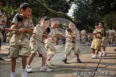 Boy Scouts play tug of war Editorial Stock Photo