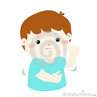 Boy scratching itching rash on his body . Vector Illustration