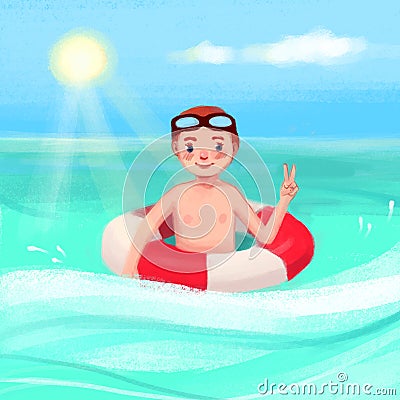 A boy in the sea with a lifebuoy Cartoon Illustration