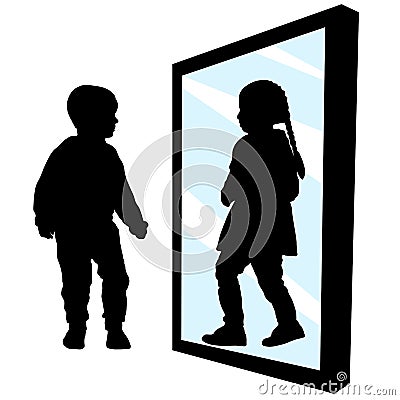 Boy sees a girl in the reflection of the mirror. Transvestism. Not in your body. Transgender transition. Gender change. Silhouette Vector Illustration