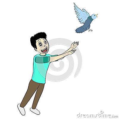 Boy setting a bird free, independence day. Stock Photo