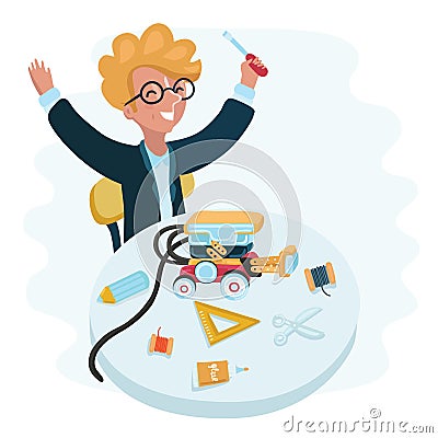 Boy setting up, configuring, programming modern humanoid robot connected to laptop. Vector Illustration