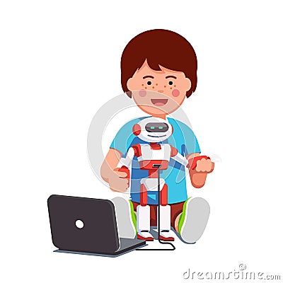 Boy setting up humanoid robot connected to laptop Vector Illustration