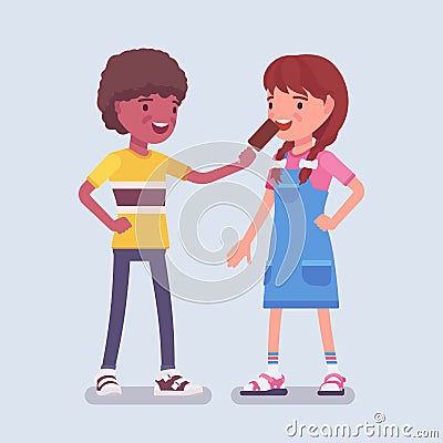 Boy sharing ice cream with a girl friend Vector Illustration