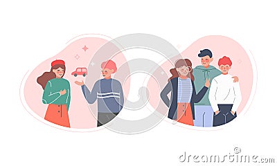 Boy Sharing Toy with Girl Friend and Group of Teen Mate Embracing Together Vector Set Vector Illustration