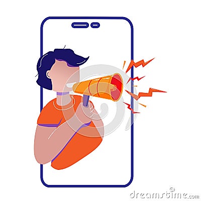 Boy shout on megaphone. Man in orange holding a megaphone Vector Illustration