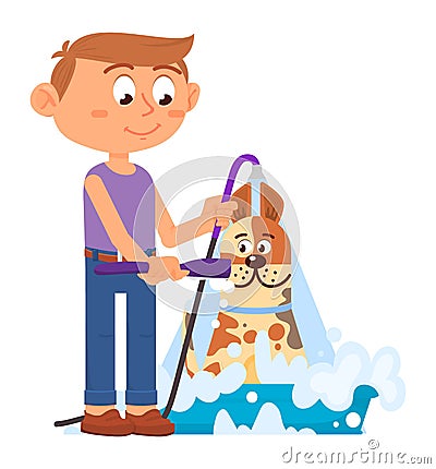 Boy showering dog. Pet grooming. Puppy taking bath Vector Illustration