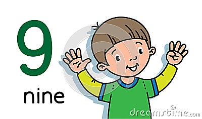 Boy showing nine by hand Counting education card 9 Vector Illustration