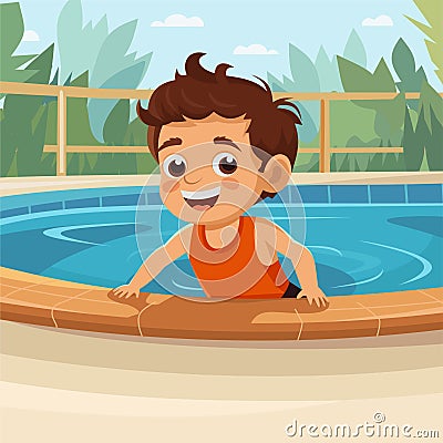 Boy on the side of the pool is smiling. The open air swimming pool. Boy child enjoying vacation. Vector Vector Illustration