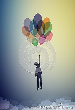 Boy silhouette holds the baloons and flying up to the sky, dreamer concept, flight to the dreamland, shadow story vector Vector Illustration