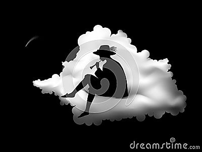 Boy silhouette sitting on the cloud and playing trumpet, lullaby for falling star, night melody, dreamer, shadows, black Vector Illustration