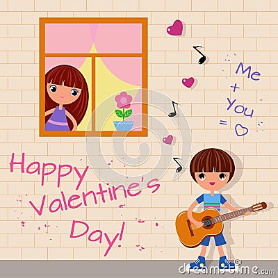 Boy singing serenade for a girl Vector Illustration