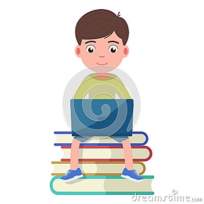 Boy sits on the book and works engaged in a laptop Vector Illustration