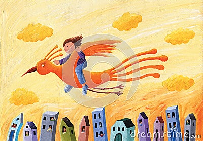 The boy sits on a orange bird - firebird and flies above the colorful houses Cartoon Illustration