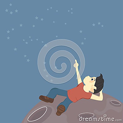 A boy sits on the surface of the moon and explores the constellations in the sky (alien or just a dream) Vector Illustration