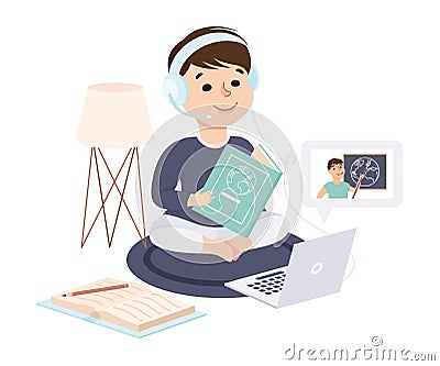 Boy Sitting on Floor and Read Textbook, Kid Desk Studying Online Using Computer, Homeschooling, Distance Learning Vector Illustration