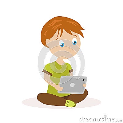Boy sitting on the floor with a tablet in hands. The child reads or plays on an electronic device. Flat character Vector Illustration