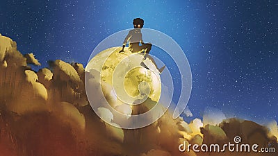 Boy sitting on the glowing moon behind clouds in night sky Cartoon Illustration