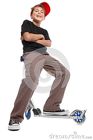 Boy sitting handlebars scooter Stock Photo