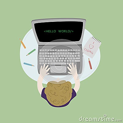 Boy sitting at his desk and coding with his laptop. Topview workspace vector illustration. Vector Illustration