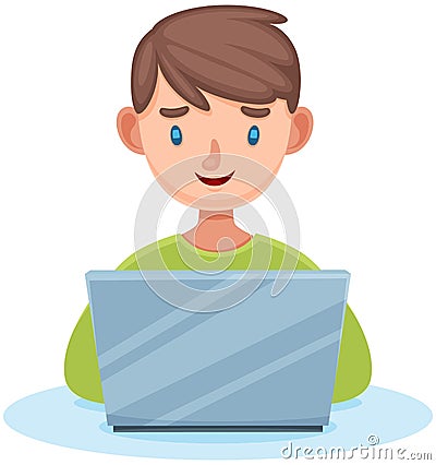 Boy sitting with laptop serfing internet on white background, typing, writing message on keyboard Vector Illustration