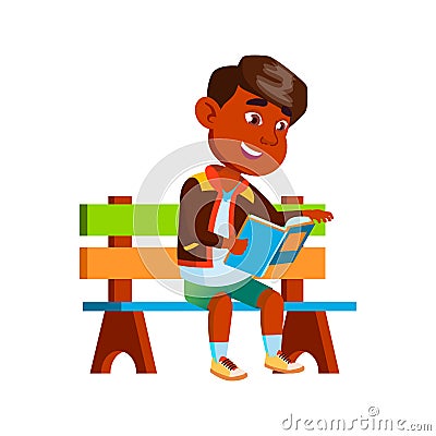 Boy Sitting On Park Bench And Reading Book Vector Vector Illustration