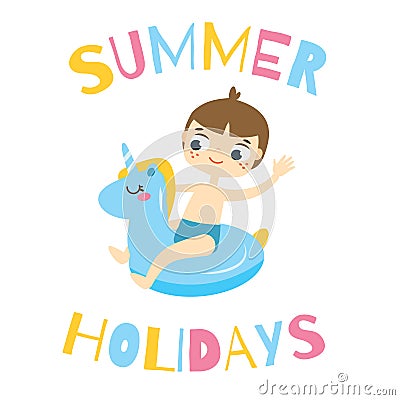 Boy sitting on swimming circle unicorn. Kid having summer holidays fun on inflatable ring Vector Illustration