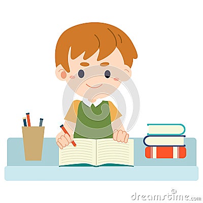 Boy sitting at the table and doing homework Vector Illustration