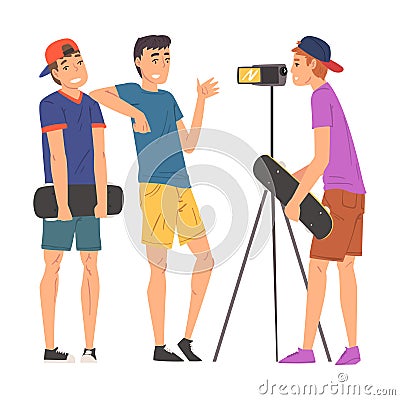 Boy Skateboarders Bloggers Streaming Online Recording Video with Camera on Tripod, Social Media Blogging Cartoon Vector Vector Illustration
