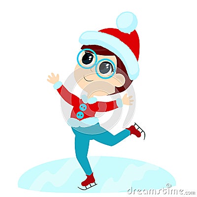 The boy is skating and is wearing a Santa Claus hat. The child is happy. Character design. Vector Illustration