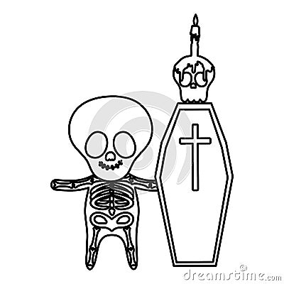Boy skeleton costume coffin skull candle trick or treat happy halloweenline design Vector Illustration