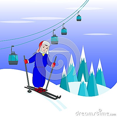 Boy skier in hat in blue sports suit, winter illustration in mountains Cartoon Illustration